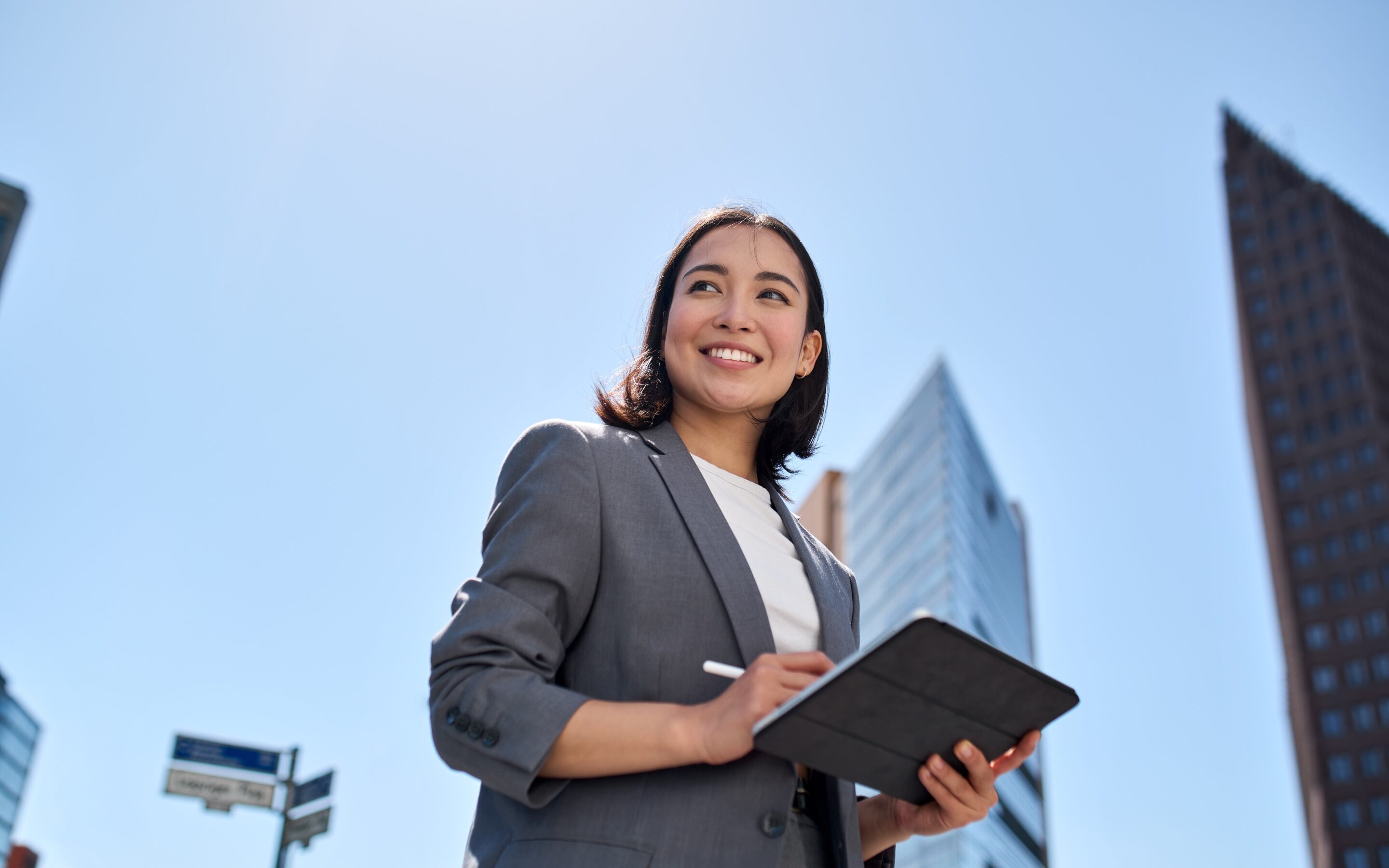 Smiling Young Asian Business Woman Leader Entrepreneur Professional Manager Holding