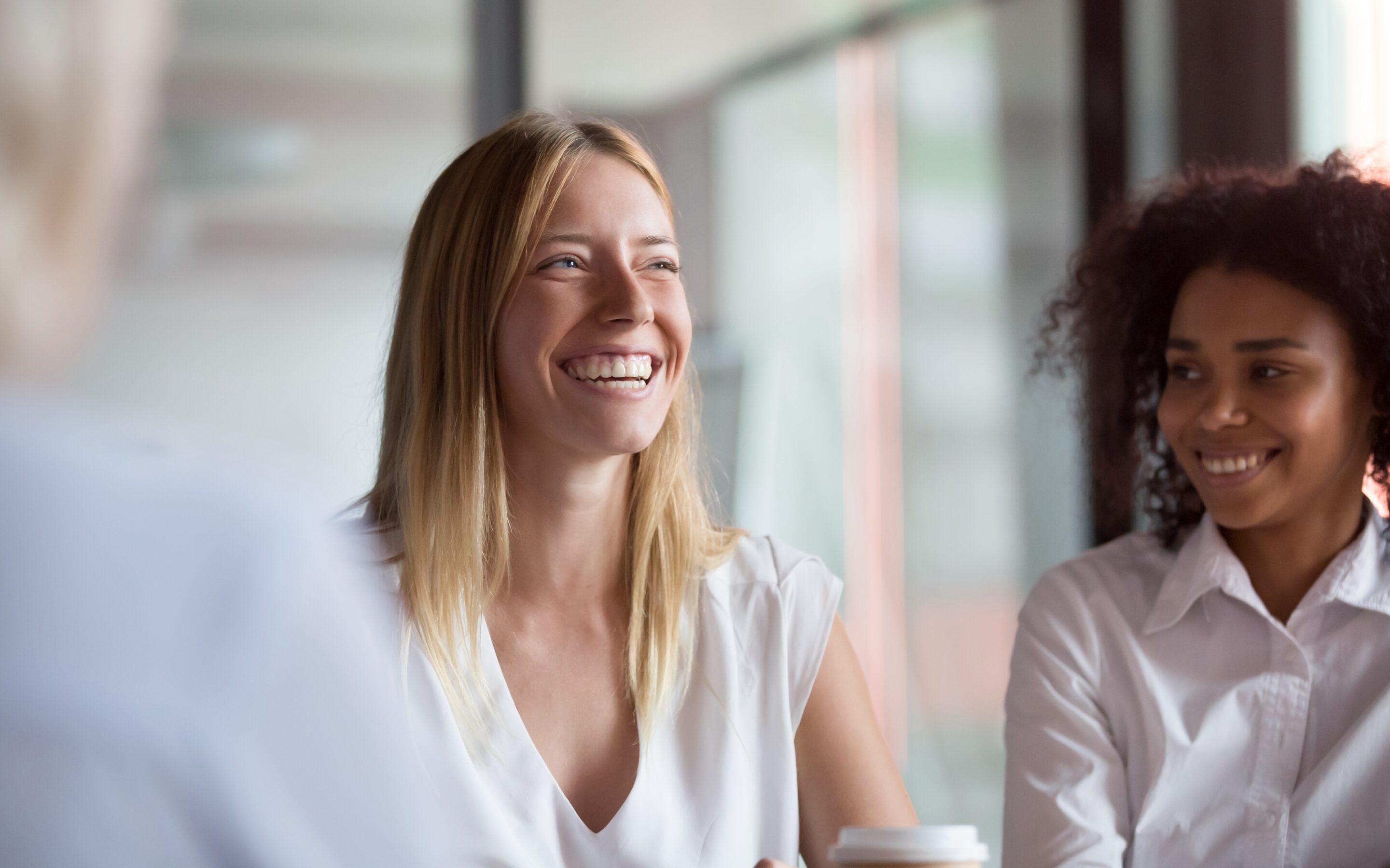 Happy Young Businesswoman Coach Mentor Leader Laughing At Funny Joke